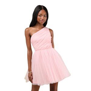 Lulus Exceptional Moments Light Pink Swiss Dot One-Shoulder Mini Dress Large NWT